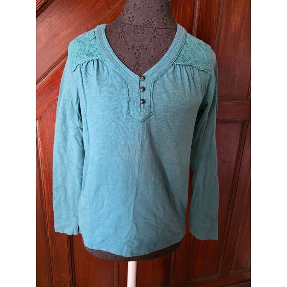Eddie Bauer Womens Teal Lace Shoulder Henley Top Size M - Picture 1 of 7